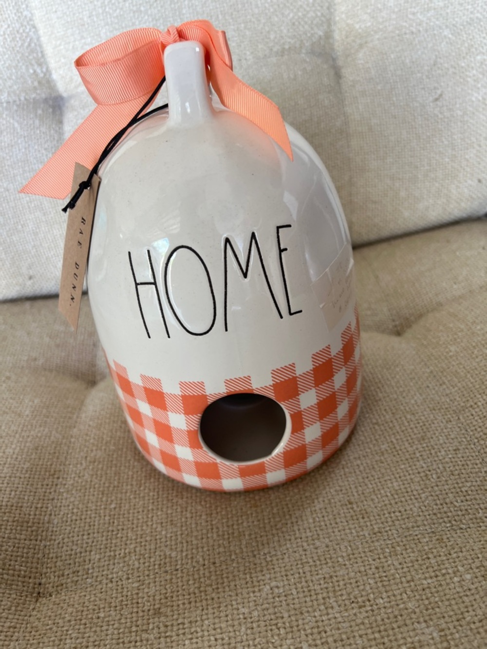 Rae Dunn White Ceramic Birdhouse with Orange Gingham